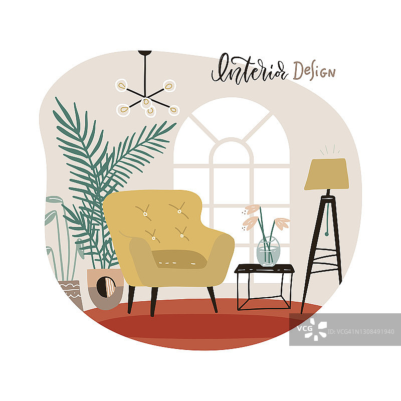 客厅内部的家具。带迷你桌子的现代扶手椅。时尚的公寓内部，室内植物在斯堪的纳维亚风格。平面手绘隔离矢量插图。图片素材