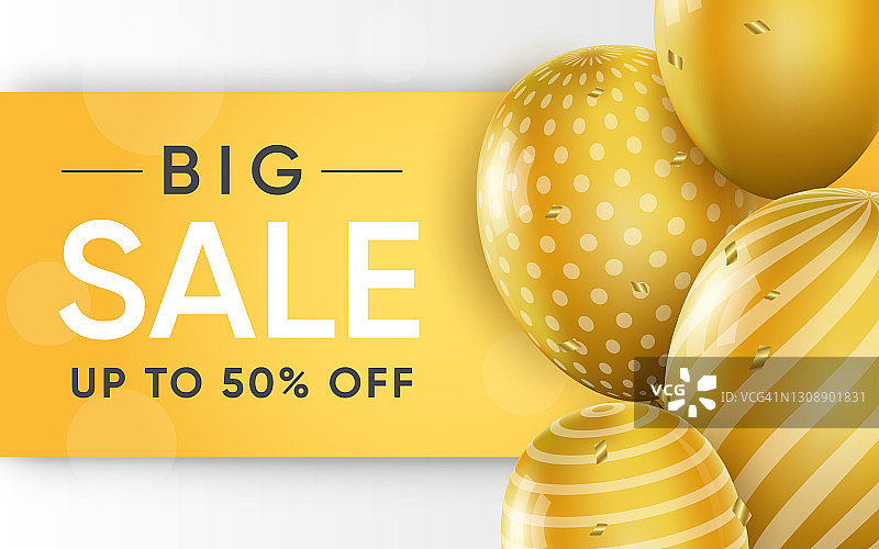 3d海报的大销售高达50%与黄色气球现实的设计。折扣价格的购物网站背景。促销传单模板。矢量插图的广告网页横幅图片素材