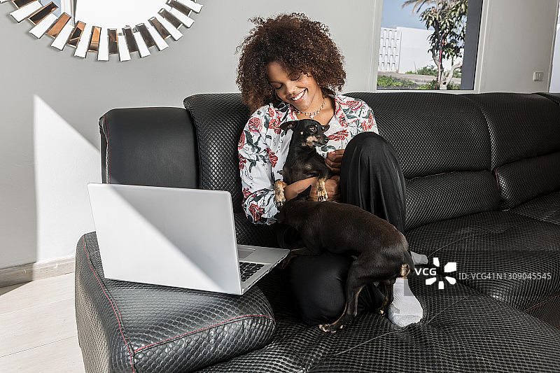 温柔的黑人女人和可爱的狗在沙发上图片素材