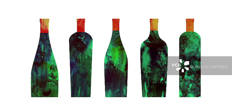 水彩抽象葡萄酒与垃圾绿酒瓶图片素材