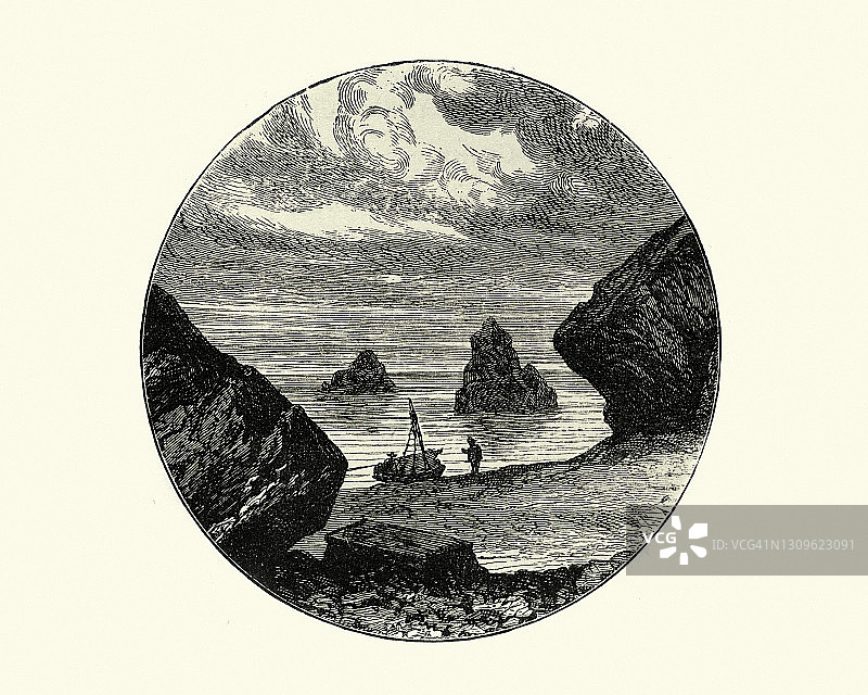 渔民拖着小船上岸，维多利亚时代的19世纪图片素材