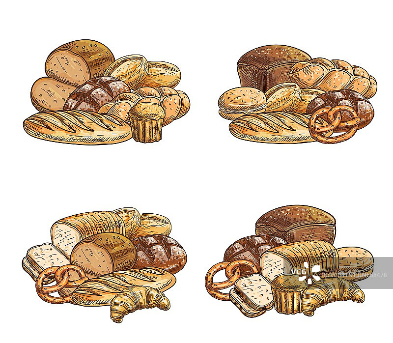 新鲜面包和糕点矢量素描图标设置图片素材