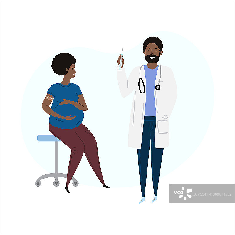 矢量手绘插图。疫苗免疫卡通怀孕的非裔美国人或拉丁美洲妇女和黑人或拉丁美洲医生。图片素材