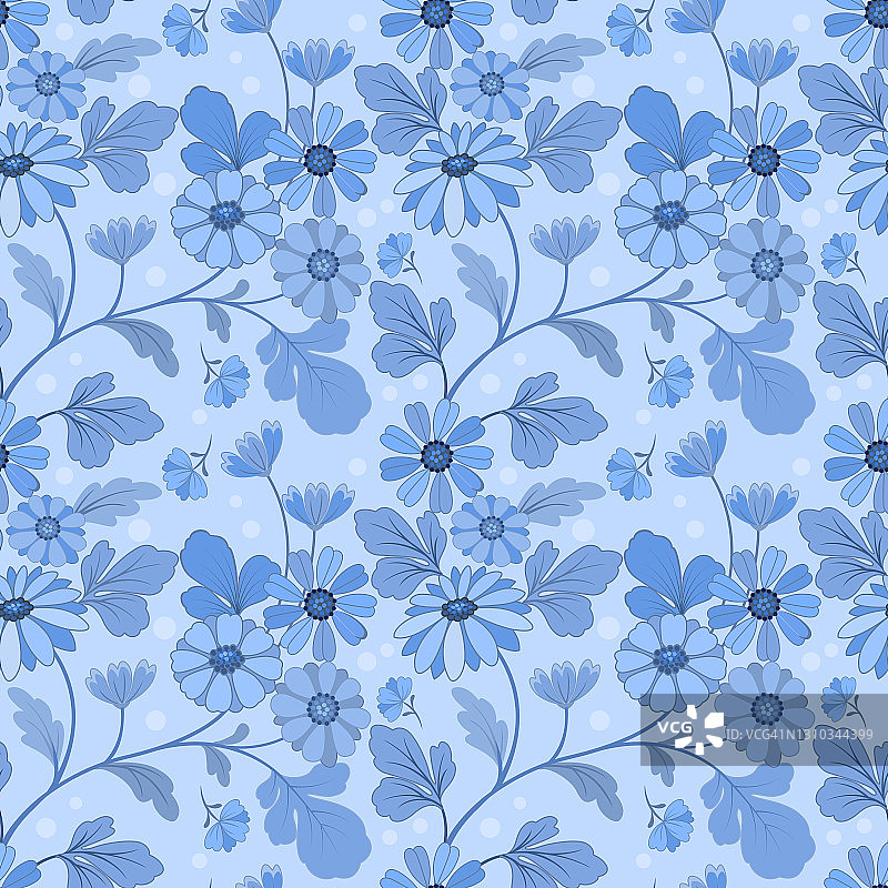 单色蓝色花和叶无缝图案。图片素材