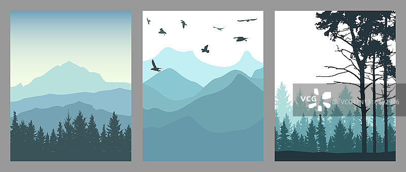 针叶林、山峦和飞鸟的剪影。一套垂直海报。美丽的风景,自然。矢量图图片素材