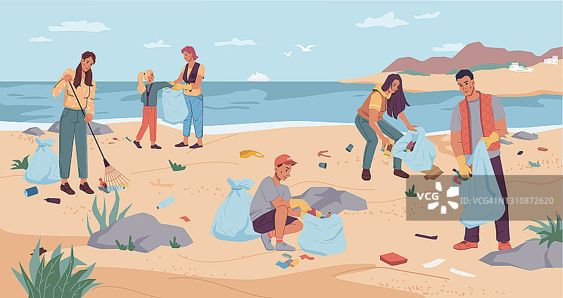 志愿者清理海滩，在河或湖岸捡拾垃圾。向量组男、女一起用耙收垃圾。一群活跃的市民把垃圾装进袋子里。环境保护图片素材