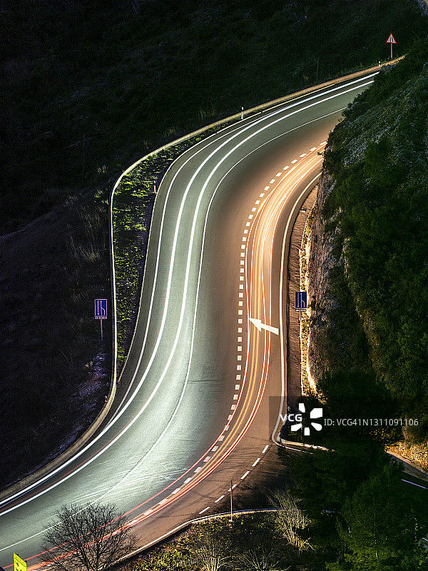 在夜晚的s形曲线道路上的灯光轨迹的高角度视图。图片素材