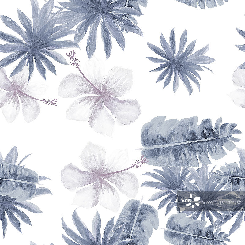 白色的无缝的性质。叶灰色模式。海军热带插图。靛蓝色花的叶子。钴水彩古董。蓝色的春天的植物。装饰织物。图片素材