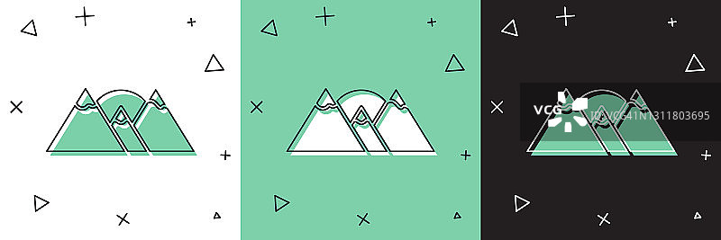 设置山图标孤立在白色和绿色，黑色背景。象征胜利或成功的概念。向量图片素材