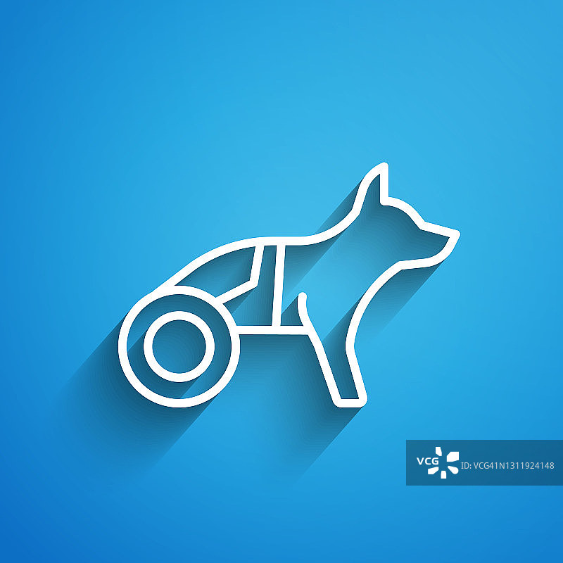 白色线瘫痪的狗在轮椅图标孤立在蓝色背景。长长的阴影。向量图片素材