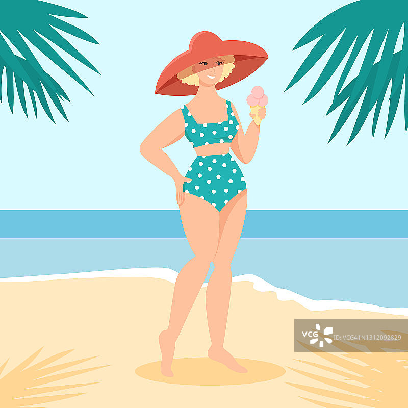 平面风格矢量插图的年轻女子身穿薄荷和白色圆点比基尼和大帽子在复古海报风格。女性角色在海滩夏季的背景与棕榈叶和海图片素材