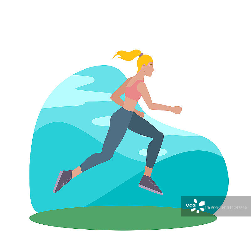 在公园里跑步的女人。慢跑。现代的人参与运动。一个关心自己健康的运动员。图片素材
