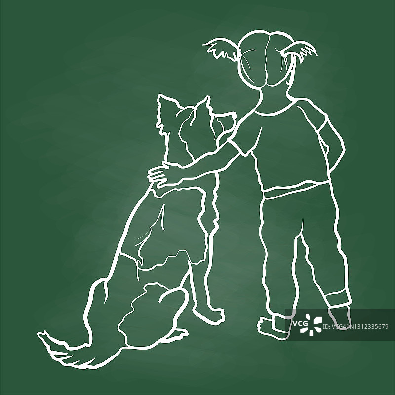 女婴和宠物狗黑板图片素材