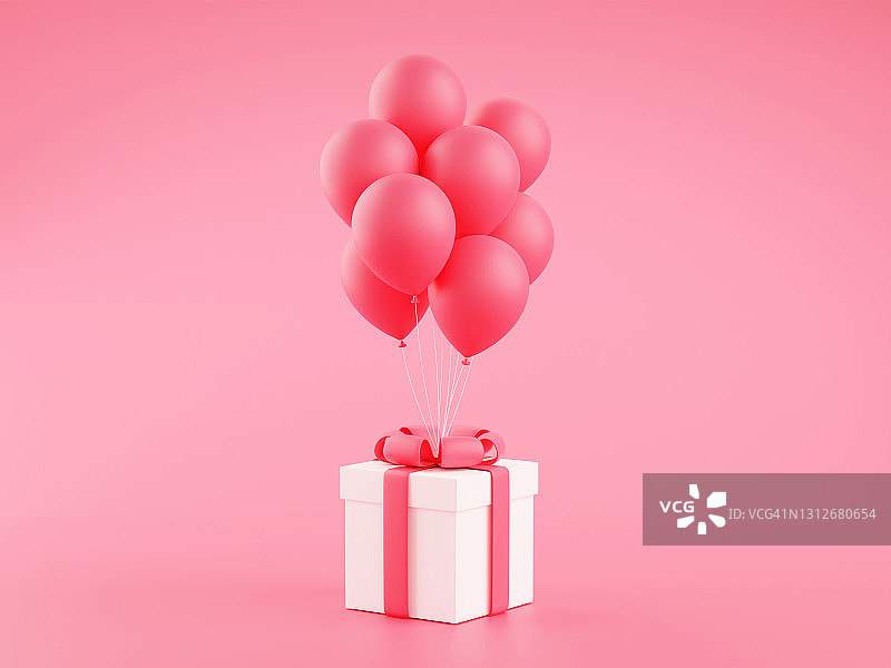 礼品盒与气球束3d渲染插图。图片素材