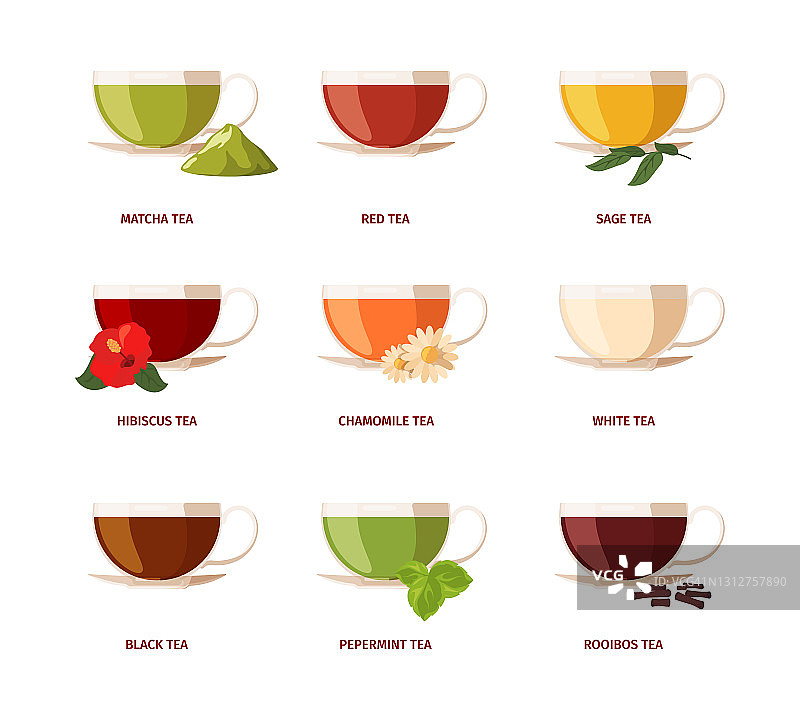 类型的茶。饮料饮用天然产品与绿叶柠檬rooibos液体在玻璃杯红茶花哨向量平面插图集图片素材