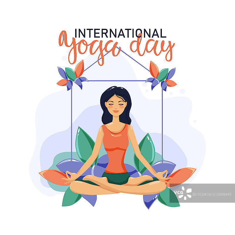 国际瑜伽日插图，6月21日瑜伽身体姿势，妇女练习瑜伽。矢量插图。图片素材