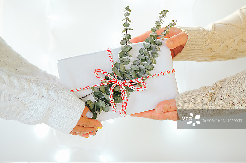 正面的作物匿名的男人和女人在白色针织毛衣拿着礼品盒装饰与新鲜的绿色桉树树枝，而交换圣诞礼物。慈善或赠送礼物的概念图片素材