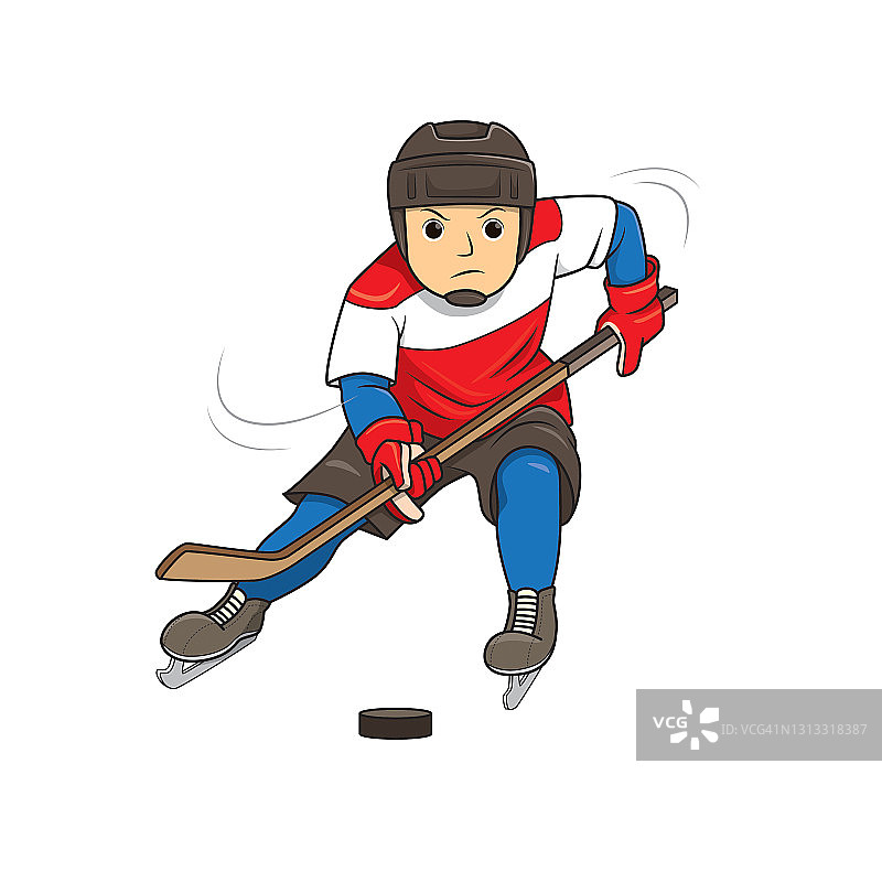 矢量插图的运动员队球员在冰上曲棍球比赛孤立在白色的背景。孩子涂色页，绘画，美术，第一个单词，闪存卡。彩色卡通人物剪贴画。图片素材