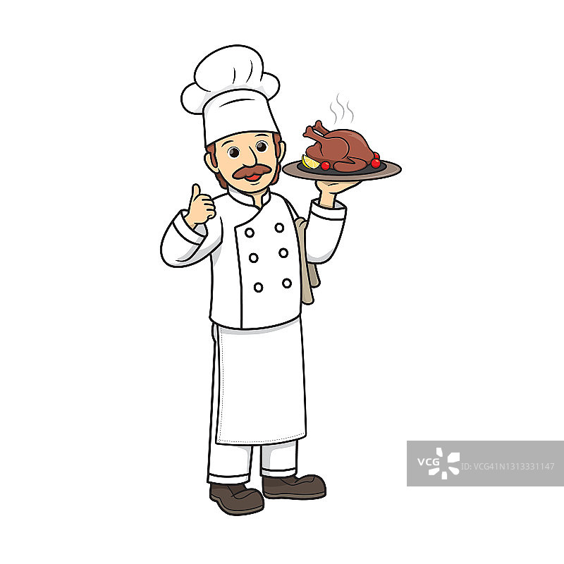 矢量插图的厨师，厨师孤立的白色背景。工作和职业概念。卡通人物。教育和学校孩子着色页，可打印，活动，工作表，抽认卡。图片素材