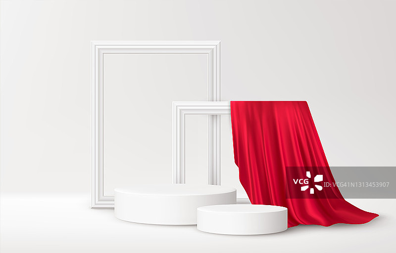 逼真的白色产品裙台与白色画框和红色丝绸窗帘在白色背景。产品广告背景空白。矢量图图片素材