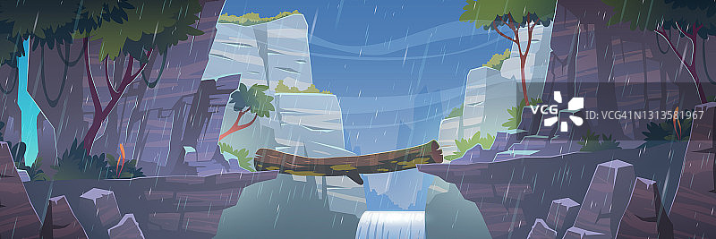 木桥之间的山，上面的悬崖在下雨图片素材
