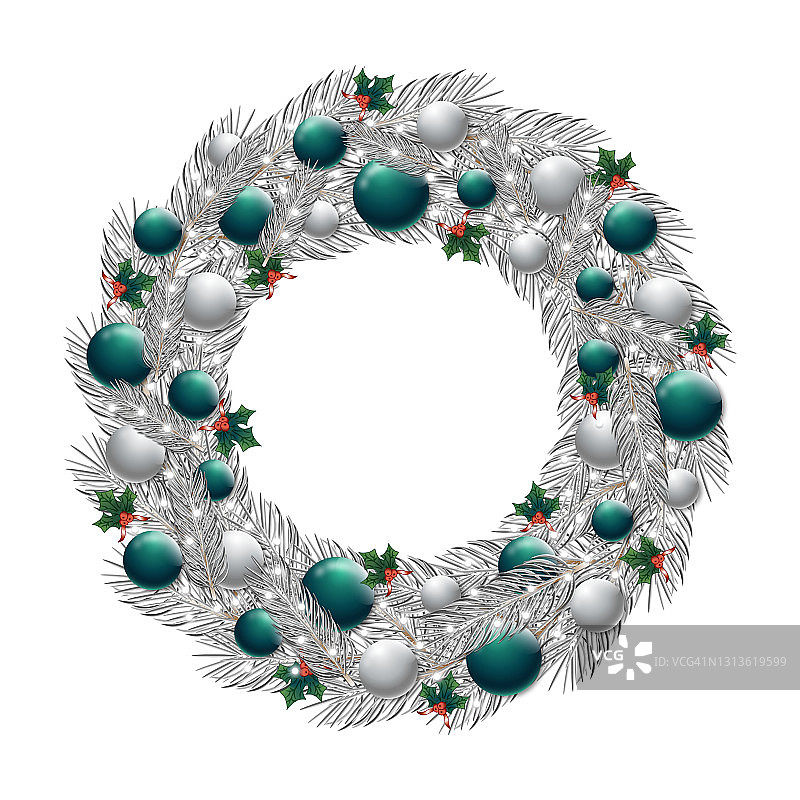 白色圣诞花环与绿色和银色的小玩意和白色的花环图片素材