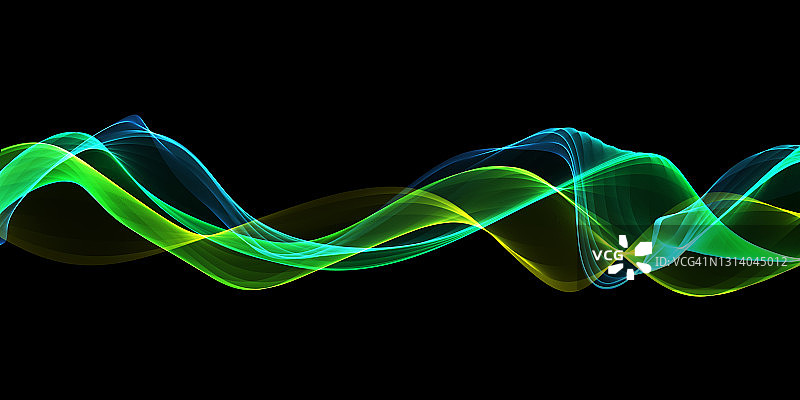 抽象缎带波浪漩涡彩色蓝绿曲线在黑色的背景。能量流图片素材