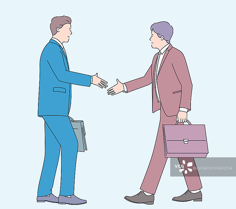 商务交易合同协议支持合作管理新工作理念。两人男人生意人性格的握手。平面向量插图。图片素材