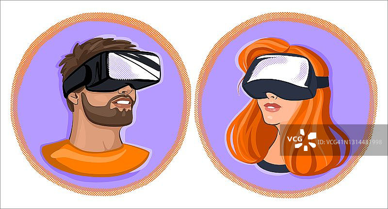 一套圈内的插图贴纸。一个女孩和一个戴着虚拟现实眼镜的男孩。明亮和时尚的插图海报和明信片图片素材