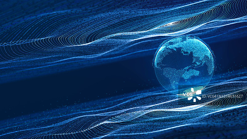 数字云地球漂浮在霓虹数据圈网格上图片素材