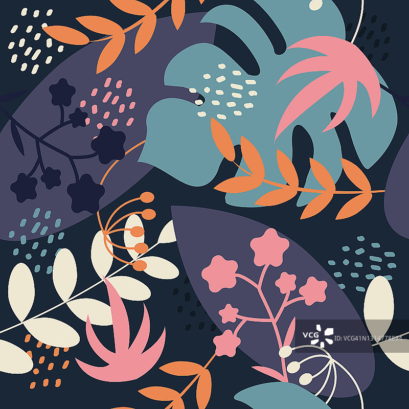 植物，树枝，花和怪物。矢量无缝模式在一个平坦的风格在一个深蓝色的背景图片素材