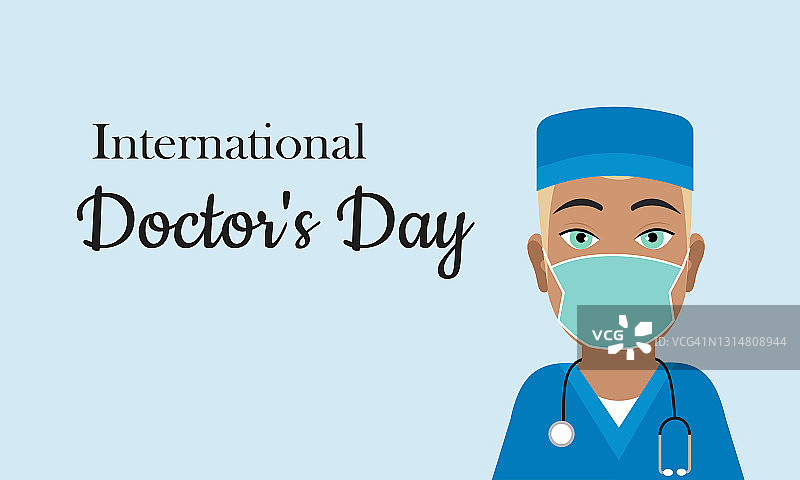 国际医生的一天。医务工作者日。一张可爱医生的节日明信片。蓝色背景和制服。矢量图形。图片素材