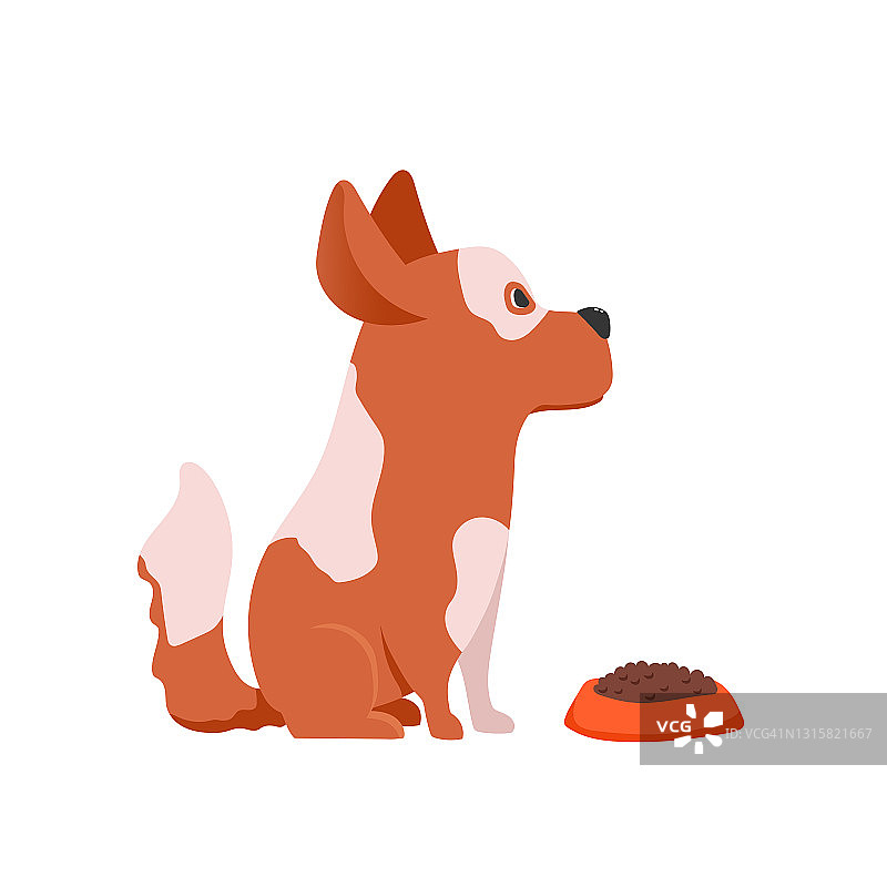 可爱有趣的卡通狗坐在干粮碗附近。矢量插图孤立在白色背景图片素材