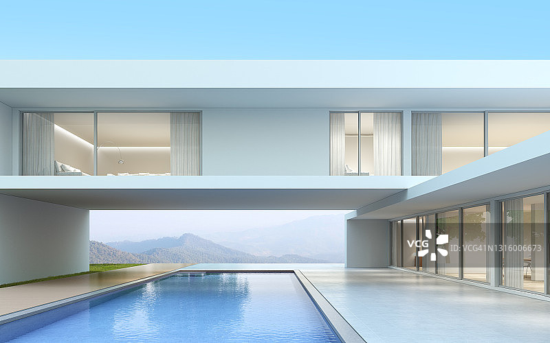 以自然为背景的露台和游泳池为视角的现代豪宅，外部。3d渲染。图片素材