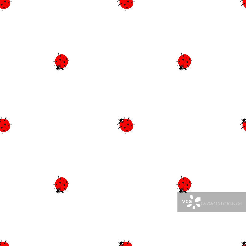 矢量无缝模式小红色瓢虫在白色背景在一个平坦的风格。图片素材