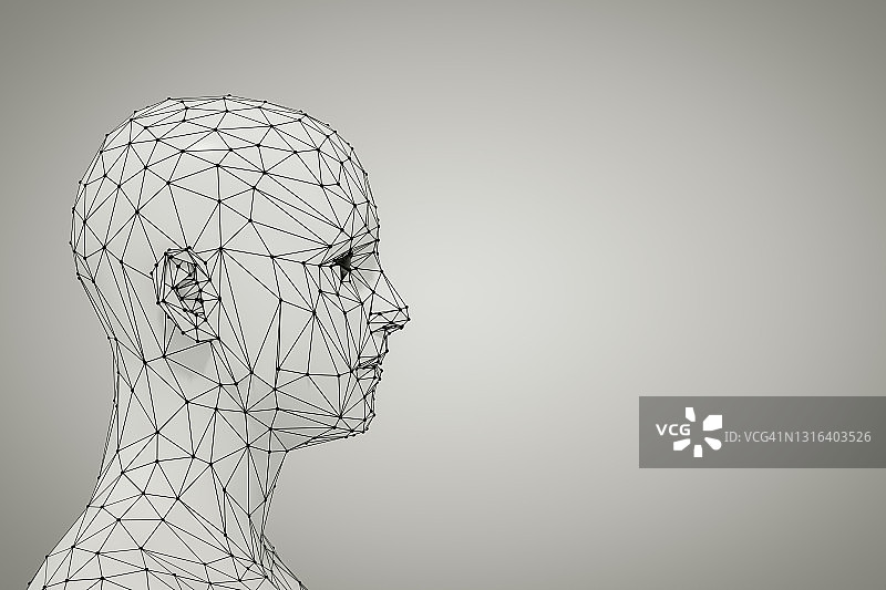 3D Wired Shape Cyborg Head，人工智能概念图片素材