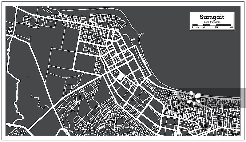 Sumgait阿塞拜疆城市地图黑白复古风格。略图。图片素材