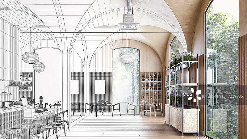 空大型复古餐厅酒吧与桌子和酒吧凳子，一半蓝图一半3D渲染图像。图片素材