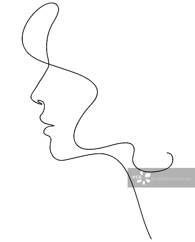女人的侧影长头发。描绘女性美的概念。线描矢量图图片素材