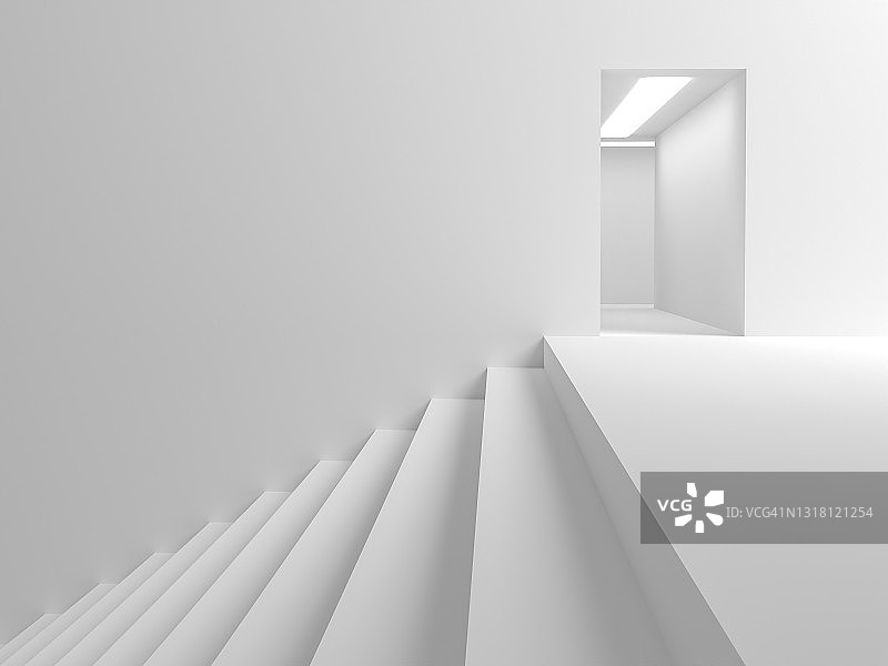 抽象背景所有的白色场景有楼梯通向房间的入口。入口的天花板上有一盏灯。3 d场景。图片素材