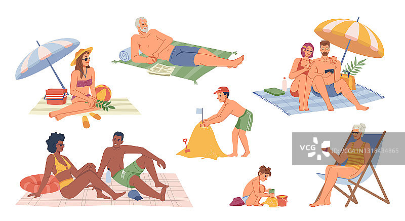 一组人在海滩上放松孤立的扁平卡通人物。非洲裔美国男人和女人在日光浴，孩子在建造沙城堡，夫妇坐在伞下，奶奶在喝鸡尾酒图片素材