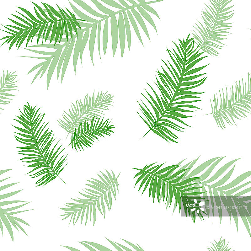 热带无缝模式与棕榈叶。背景与透明和覆盖的绿色热带树叶。图片素材