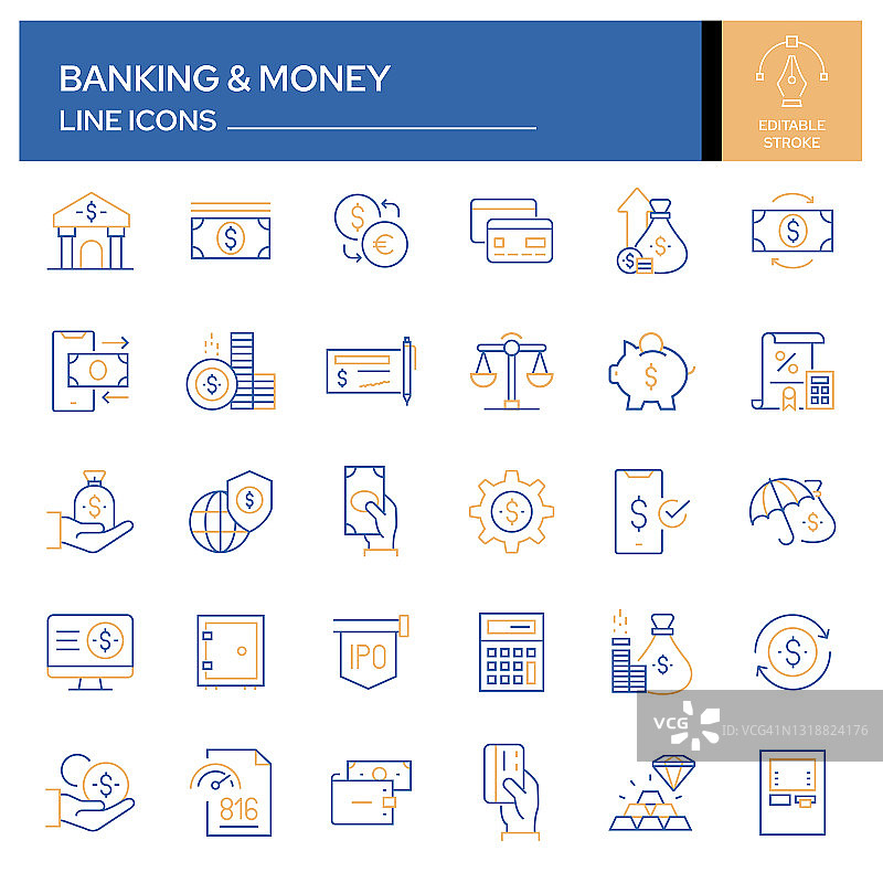 银行和货币相关线图标的设置。轮廓符号集合，可编辑的描边图片素材