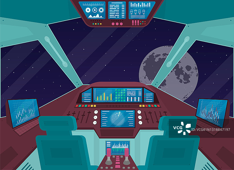 卡通色彩宇宙飞船飞船内部的概念。向量图片素材