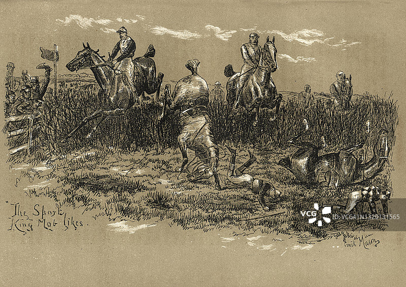 19世纪，维多利亚时代，骑手在跳过篱笆时从马上摔下来图片素材