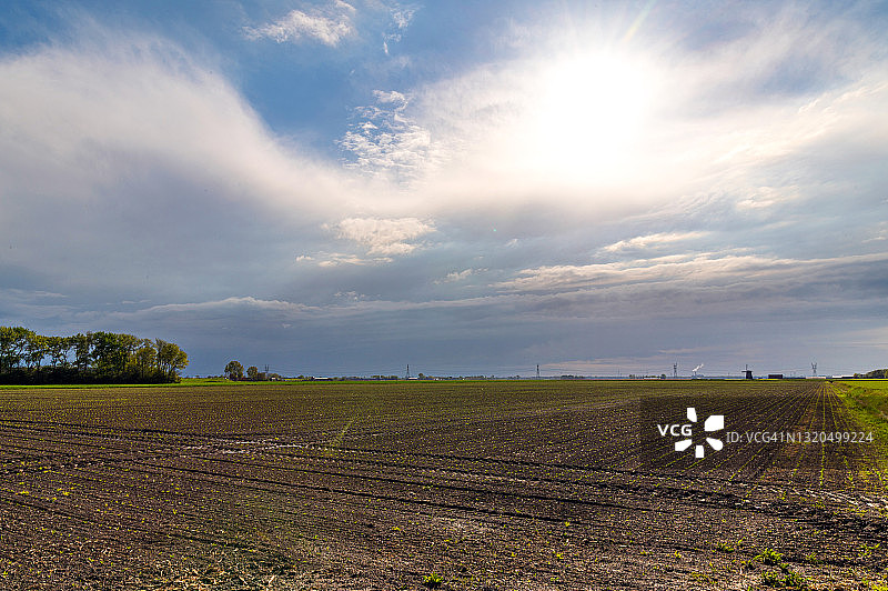 乌云和明亮的太阳照耀着农田图片素材