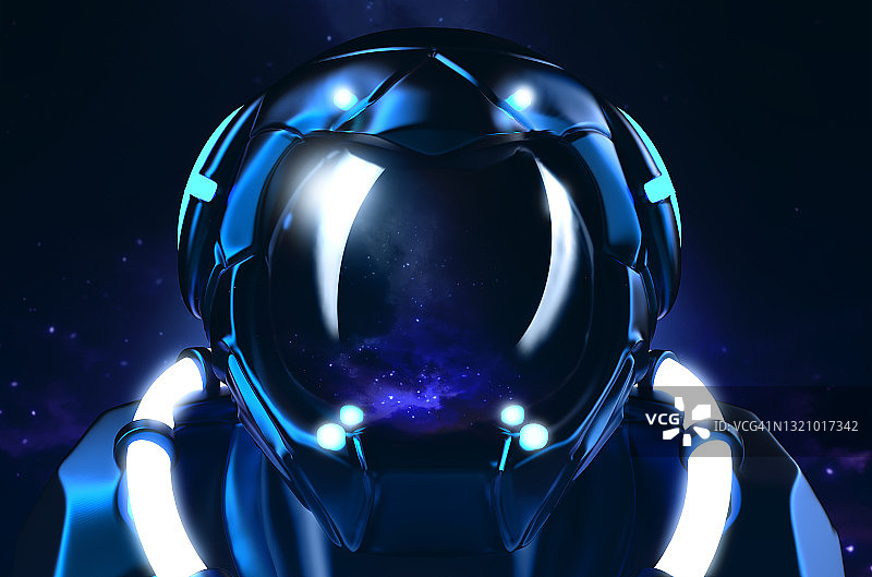 宇航员穿着宇航服和头盔站在黑暗的空间。图片素材