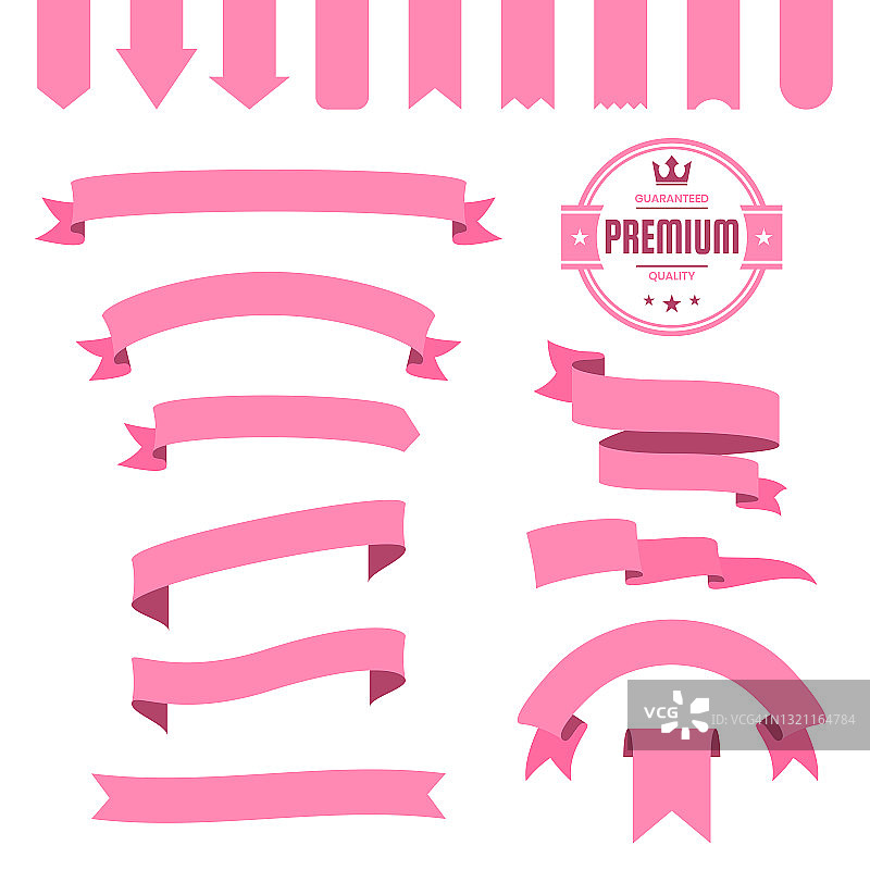 一套粉色丝带，横幅，徽章，标签-设计元素在白色的背景图片素材