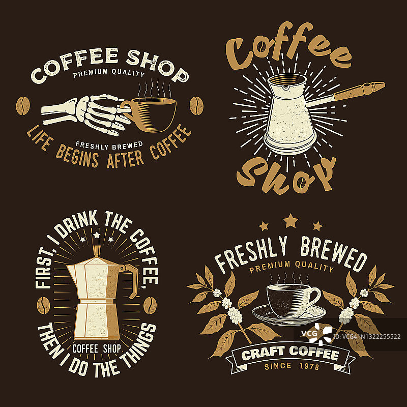 一套咖啡店标志，徽章模板。向量。排版设计与咖啡研磨机，杯和咖啡树的分支剪影。为餐厅，咖啡馆，酒吧，包装菜单模板图片素材