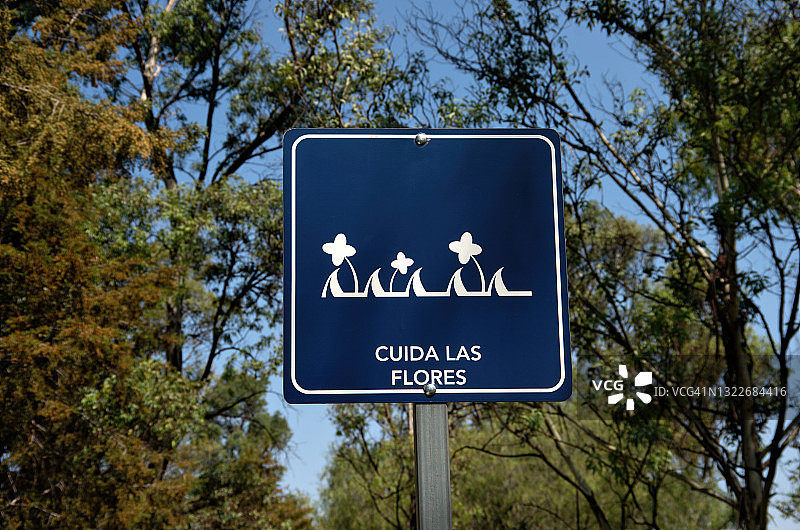 西班牙语标志，上面写着“关怀鲜花”(Cuida las flores)图片素材